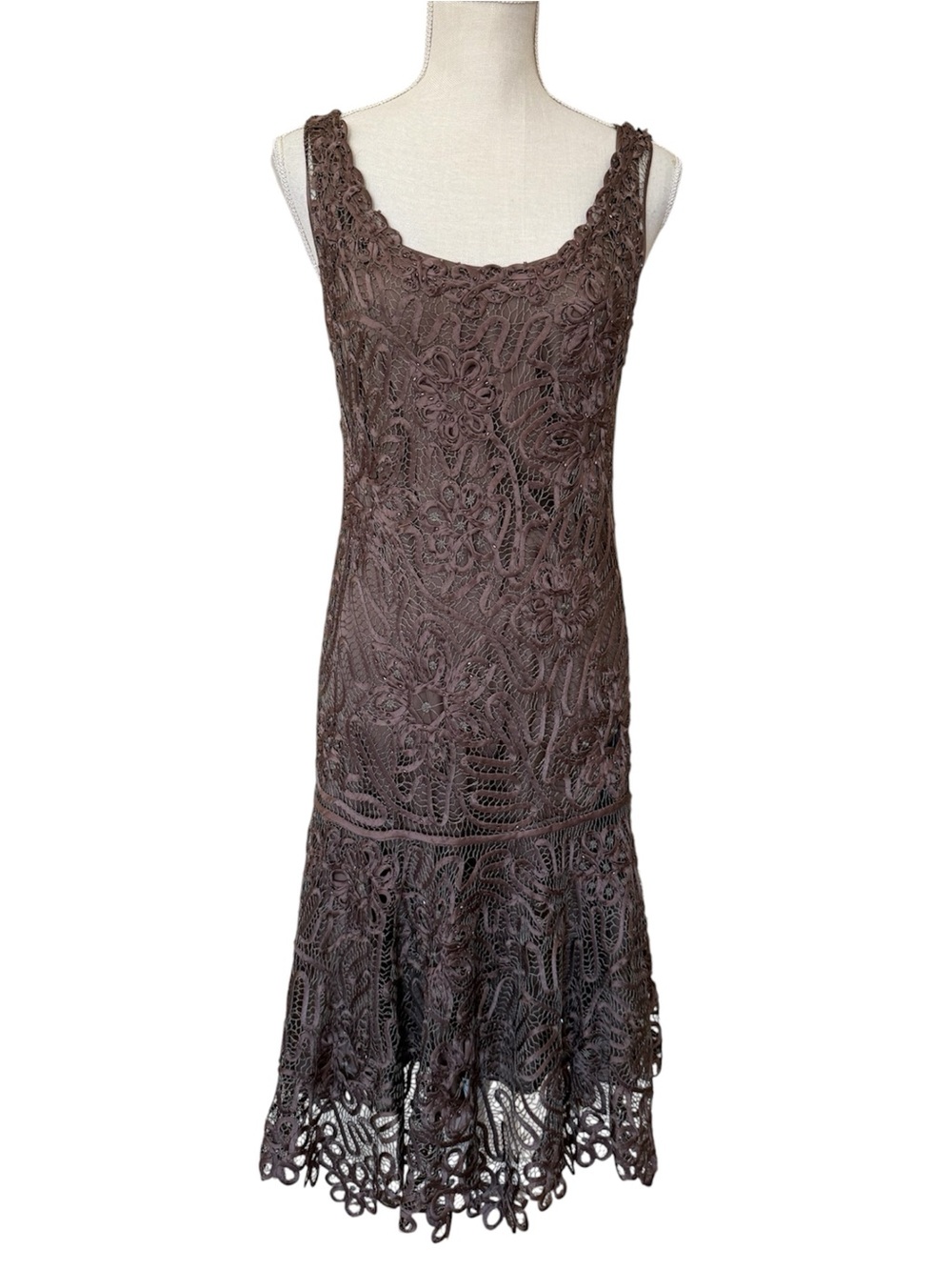 Silk Beaded Crochet Lace Dress Soulmates S Taupe Tea Length Wedding Guest Formal